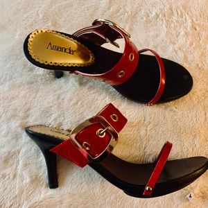 Red two strap sandals.